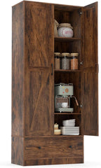 Giantex 72" Tall Kitchen Pantry Cabinet, Farmhouse Wooden Cupboard w/ 2 Doors, Drawer & Adjustable Shelves, Freestanding Versatile Storage Cabinet for Dining Room Living Room Bathroom (Rustic Brown)