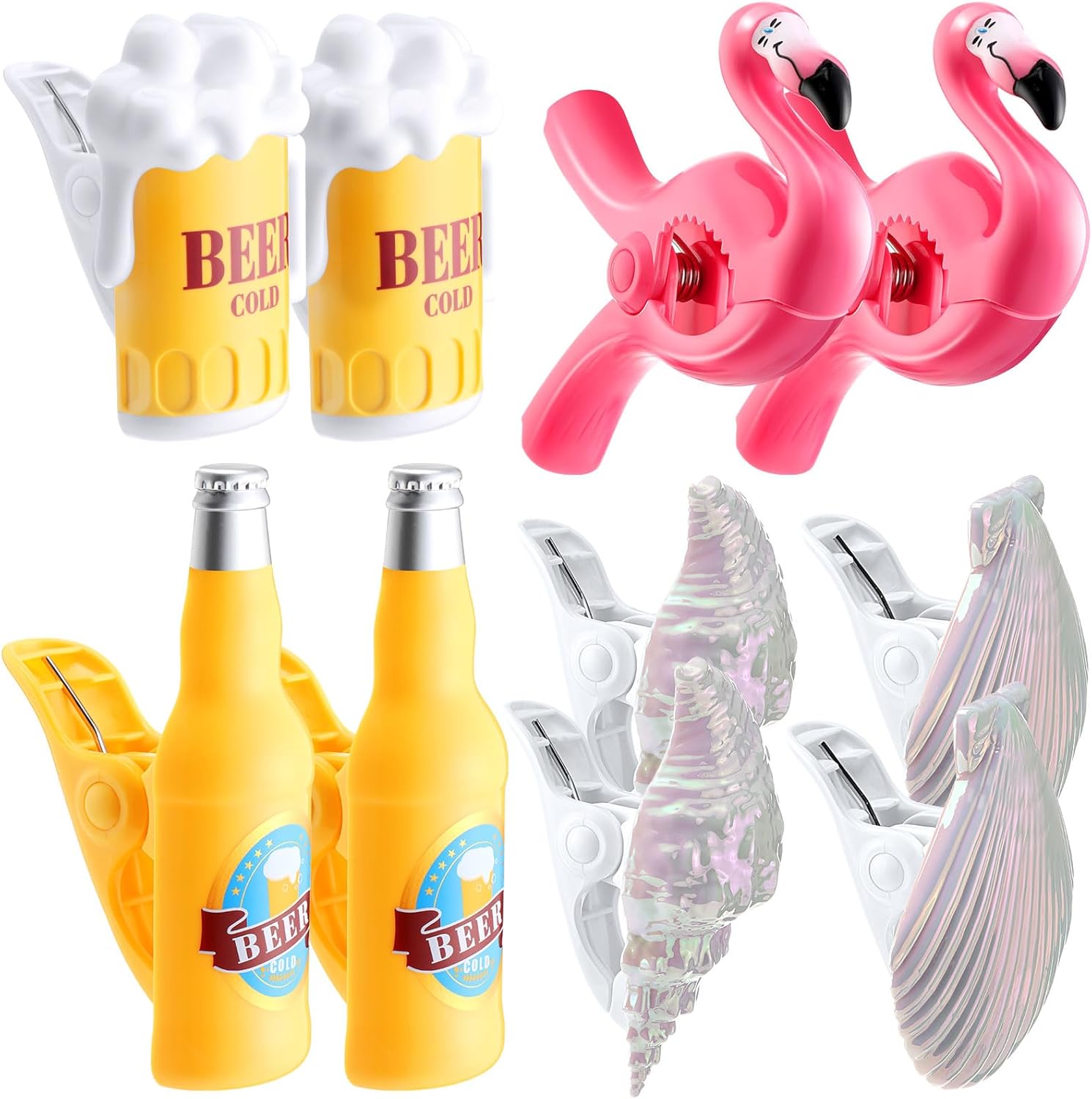 CHENGU 10 Pcs Beach Towel Clips Towel Clips Chair Holders for Beach Chairs Jumbo Size Plastic Clothes Pins Flamingo Parrot Pineapple Watermelon Seashell Ice Cream Beer Mug(Distinctive Style)