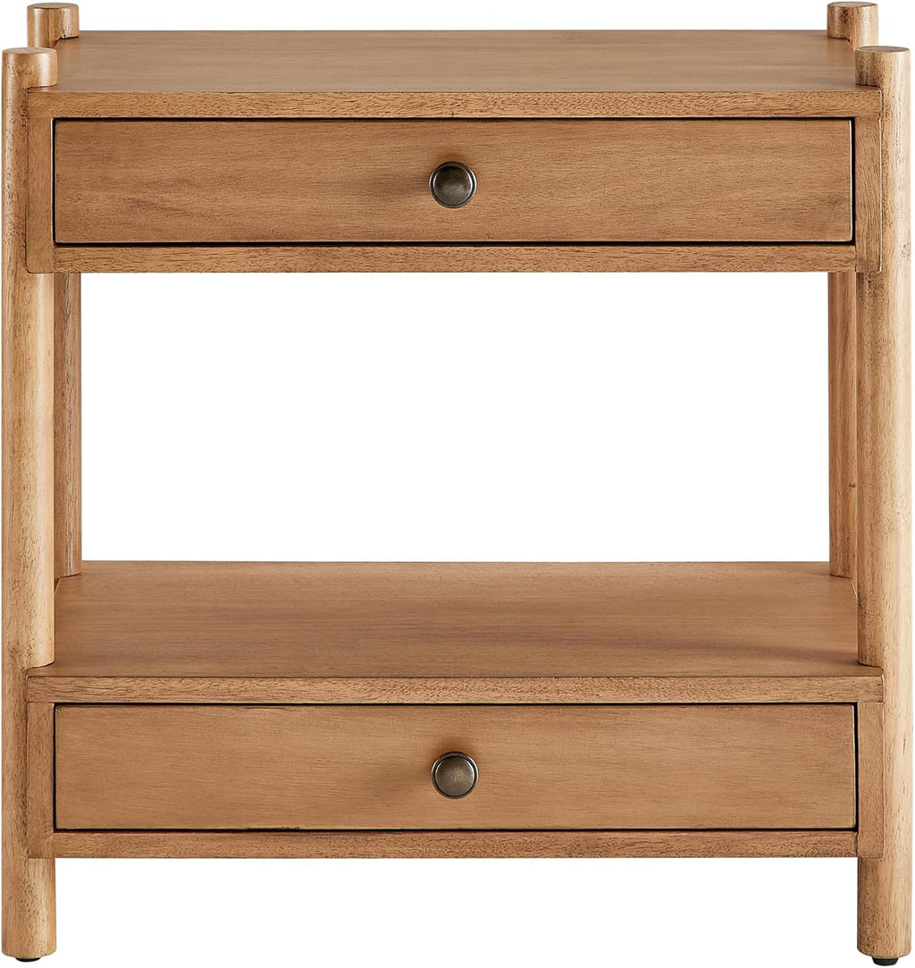Modern Wood Nightstand with Two Drawers and Open Shelf, Solid Wood Legs, Brushed Bronze Hardware, Bedside End Table for Bedroom or Living Room