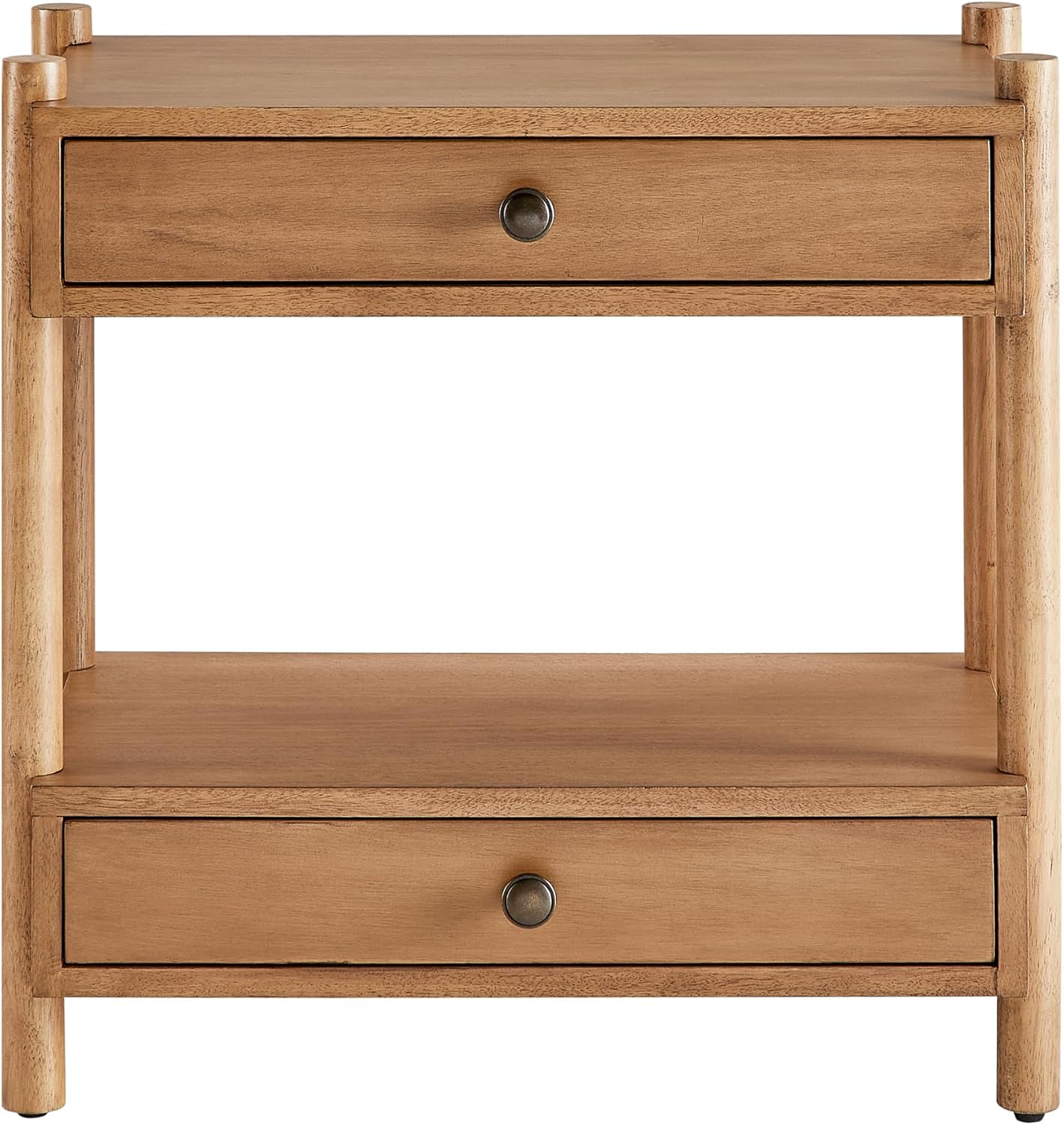 Modern Wood Nightstand with Two Drawers and Open Shelf, Solid Wood Legs, Brushed Bronze Hardware, Bedside End Table for Bedroom or Living Room