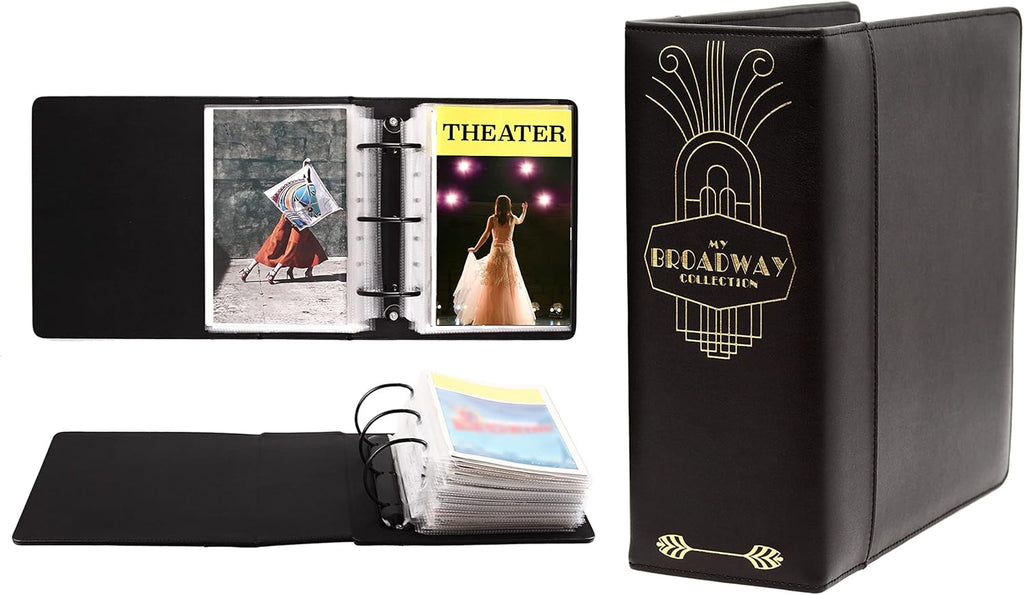 2Fold Binder for Holding Broadway Play Program and Theater Programs with 30 Custom Sheet Protectors - PU Leather - Fits Programs from Mid 1980s to Modern (Black/Gold Foil)