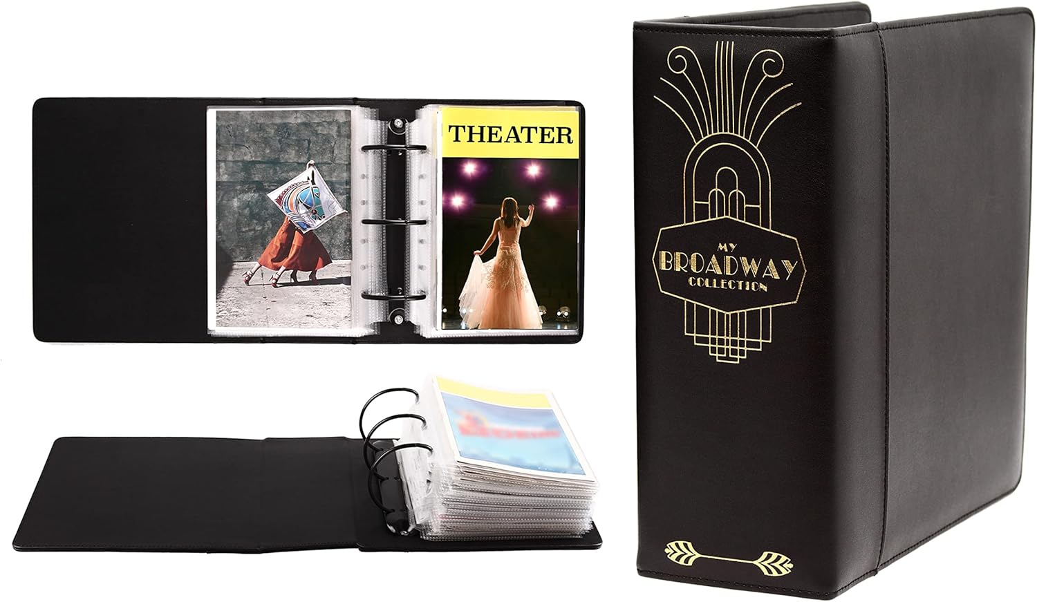 2Fold Binder for Holding Broadway Play Program and Theater Programs with 30 Custom Sheet Protectors - PU Leather - Fits Programs from Mid 1980s to Modern (Black/Gold Foil)