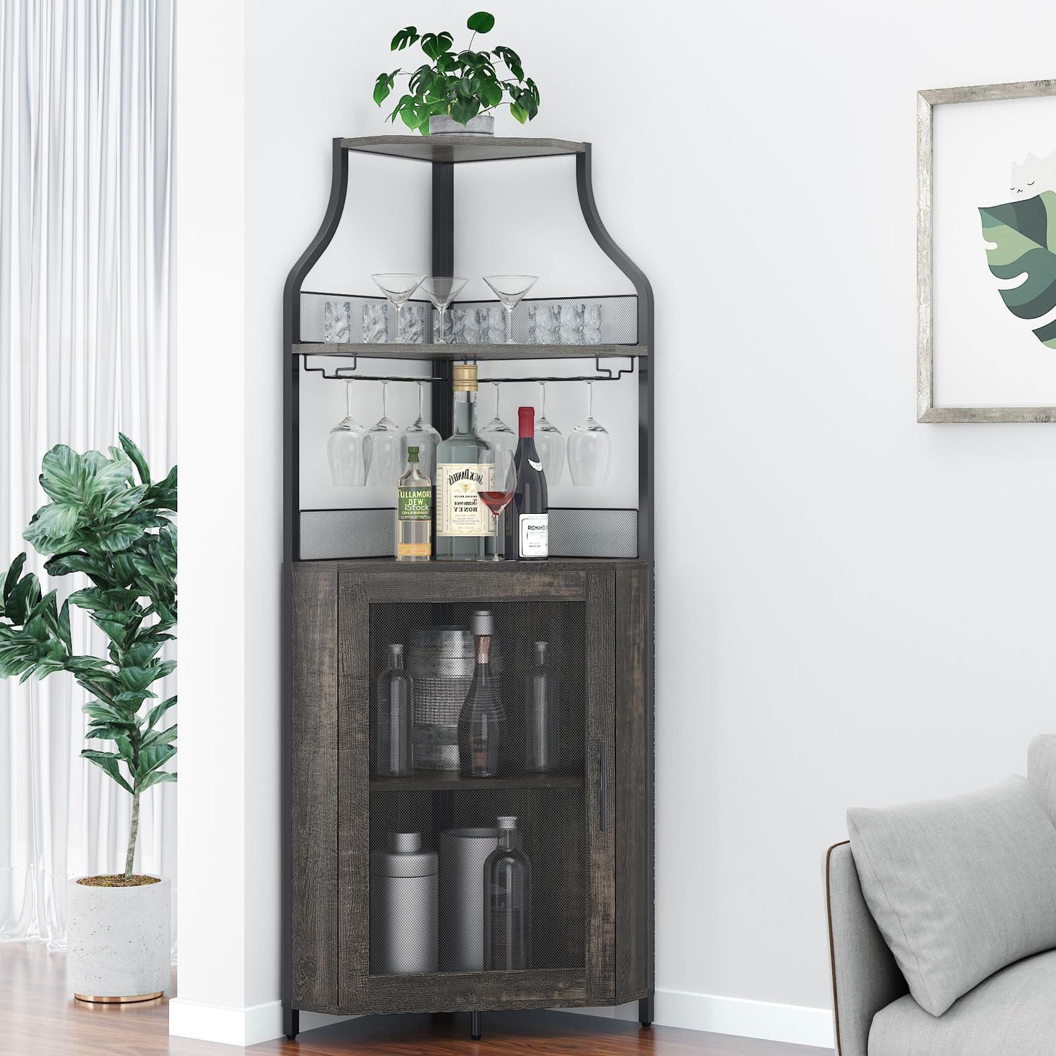 GAOMON Corner Wine Bar Cabinet with Large Storage Space and Removable Wine Rack, Coffee Bar Cabinet with Glass Holder and Mesh Door, 4-Tier Liquor Cabinet Bar, Dark Wood