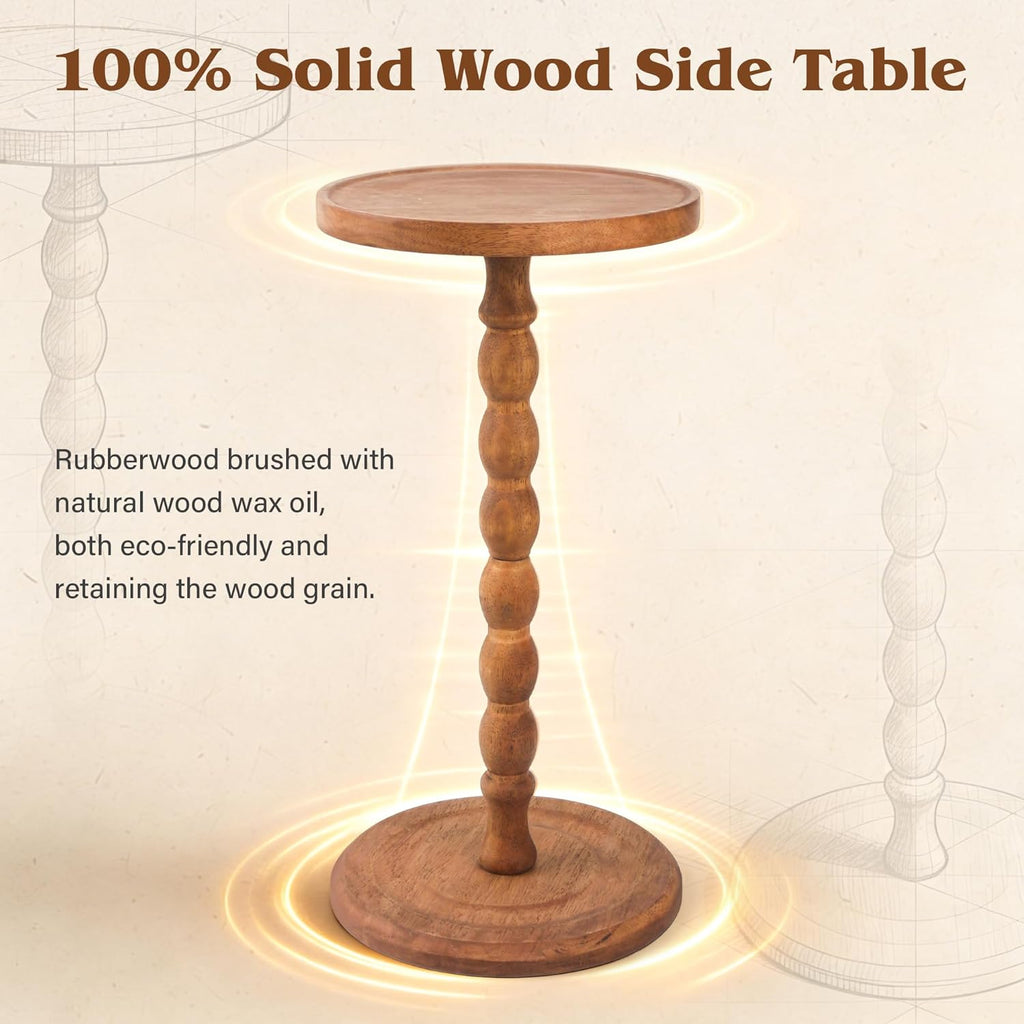 Round Side Table, Rubberwood Small Drink Table, Solid Wood Coffee Table with Pedestal Accent for Small Spaces in Living Room, Bedroom, Sofa Couch, Corners (Brown, Round)