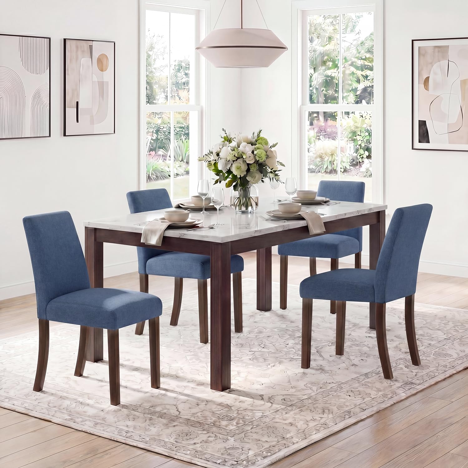 Upholstered Dining Chairs Set of 4, Mid-Century Dining Room Chairs with Wooden Legs, Farmhouse Fabric Parsons Chairs for Small Space Restaurant & Cafe- Blue