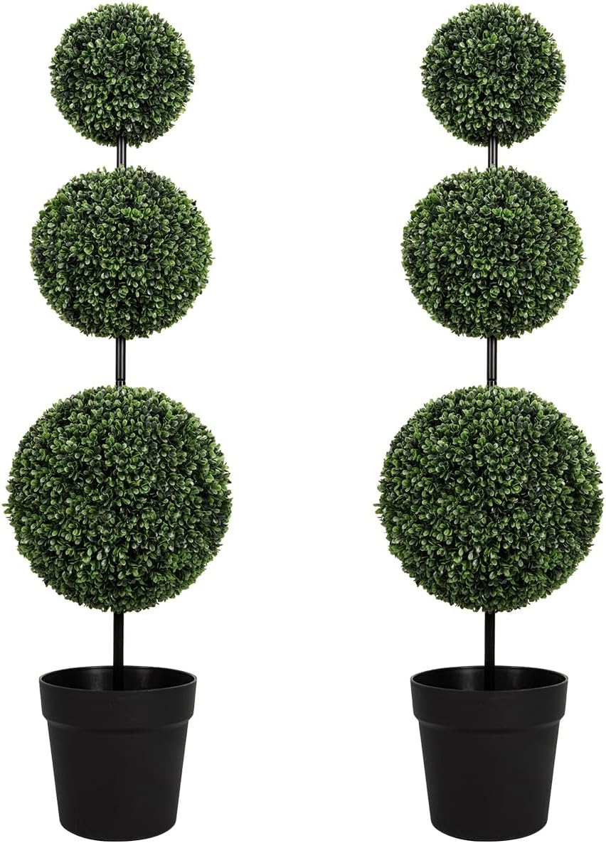 VIVATREES 3FT UV-Resistant Artificial Triple Ball Boxwood Topiary Set of 2, All-Weather Outdoor & Indoor Decor for Garden, Porch, Entryway