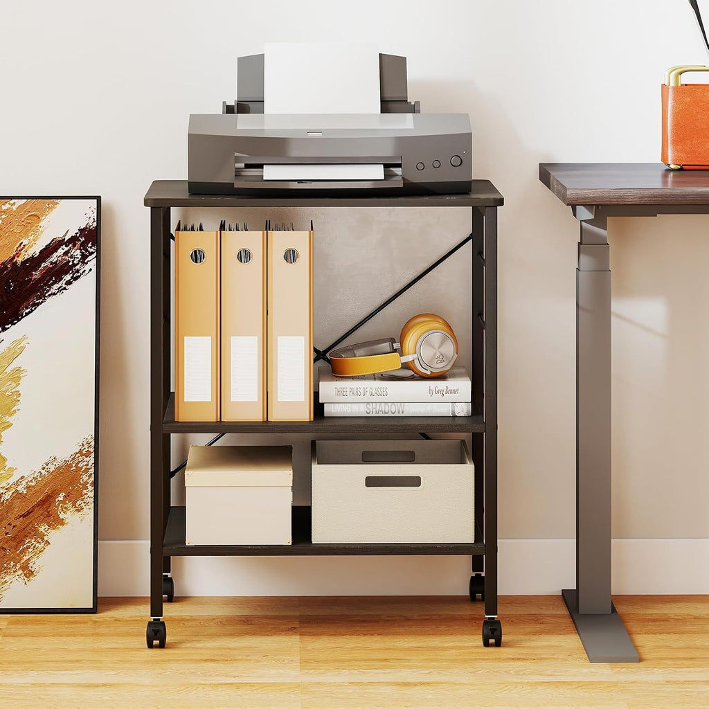 Giantex Kitchen Bakers Rack 3-Tier Microwave Cart on Wheels, Industrial Utility Bar Cart with 10 Hooks Metal Frame Wood Storage Shelves, Rolling Microwave Stand