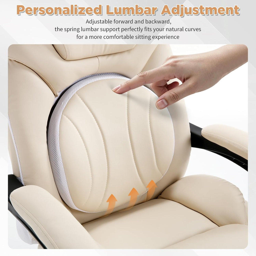 Ergonomic Fully Reclining Office Chairs with Back Support Footrest, Big and Tall Comfortable Recliner Office Desk Chair Computer Gaming Chair, Cream Beige