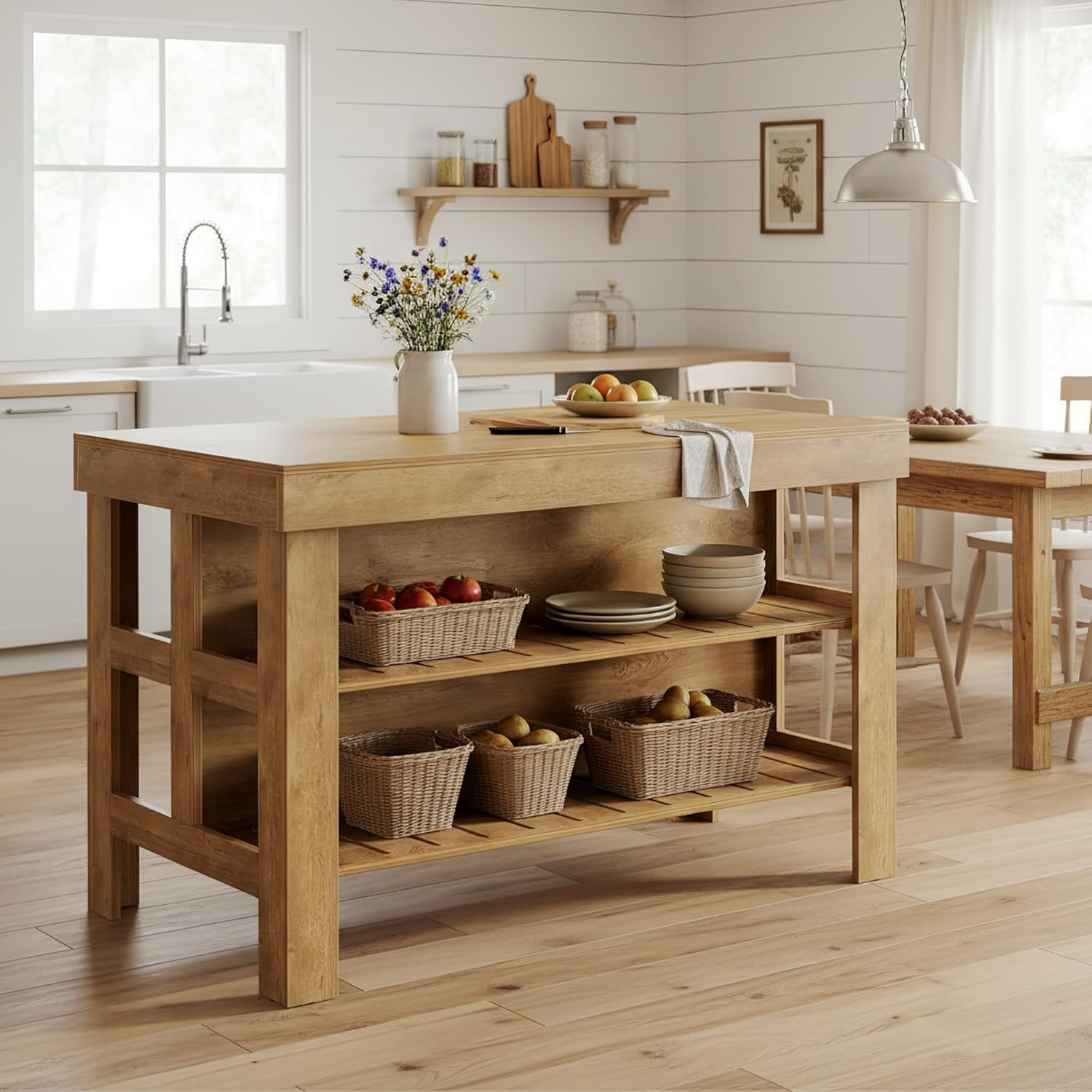 Tribesigns 55.1-Inch Kitchen Island with Seating and Storage, 3-Tier Large Farmhouse Island Table with Large Countertop and Leg Room for Kitchen Dining Room (Rustic Brown)