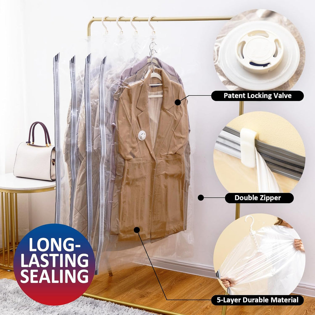 Hanging Vacuum Storage Bags, 6 Pack Large Hanging Vacuum Seal Garment Bags for Clothing, Space Saver for Clothes, Suits, Dresses, Jackets, Clothing Storage for Moving Supplies(6 Long)
