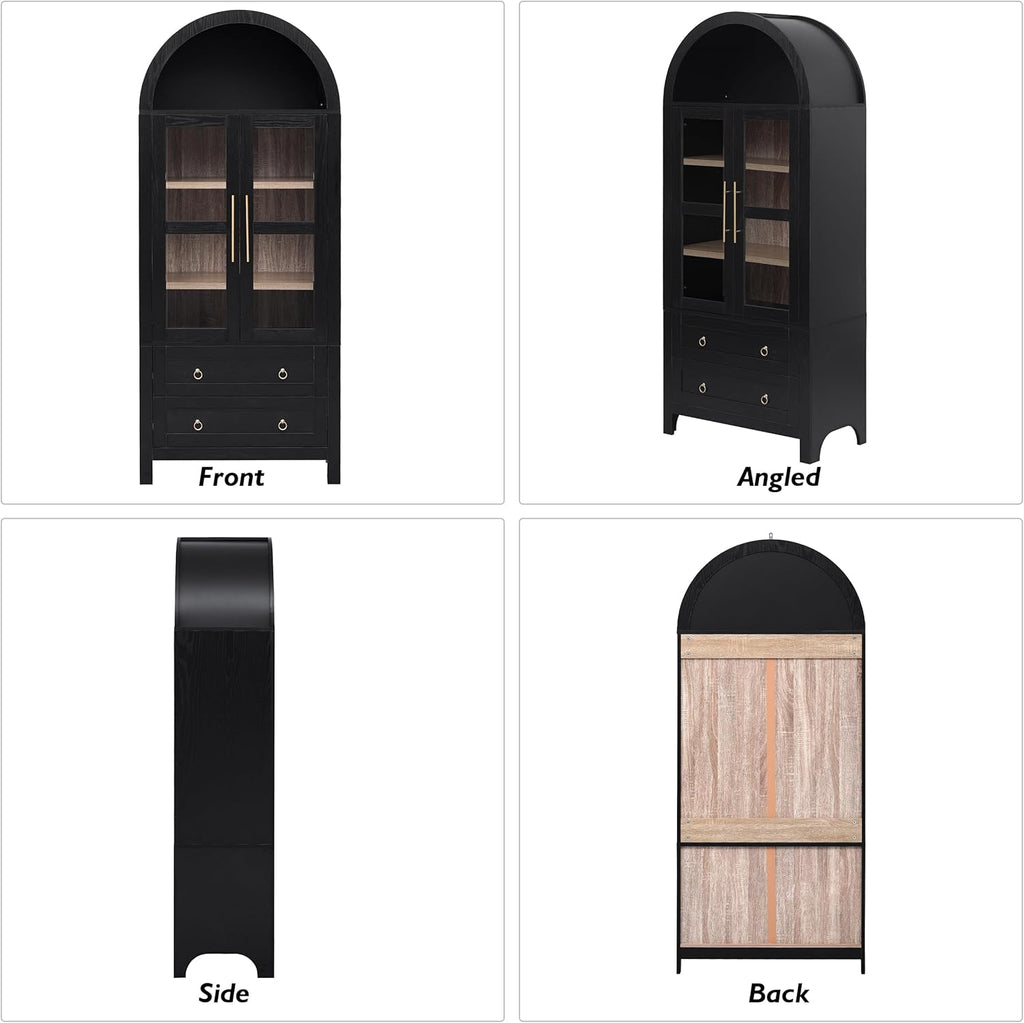 71" Tall Arched Kitchen Pantry Cabinet with 2 Large Drawers, Modern Farmhouse Kitchen Storage Cabinets with Adjustable Shelves, Glass Door, Wood Versatile Cupboard for Kitchens, Dining Room (Black)