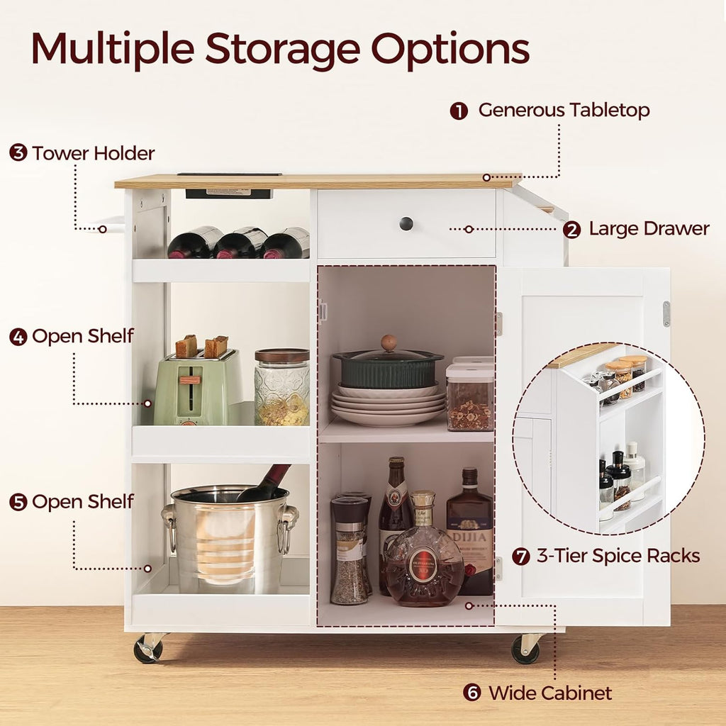 MAHANCRIS Kitchen Island with Power Outlet, Kitchen Storage Island with Drawer, Rolling Kitchen Cart on Wheels, Spice Rack, Towel Rack, Wine Rack, for Dining Room, White and Walnut KIBZ122E01