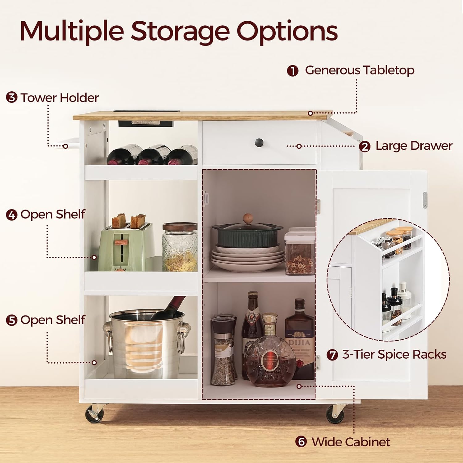 MAHANCRIS Kitchen Island with Power Outlet, Kitchen Storage Island with Drawer, Rolling Kitchen Cart on Wheels, Spice Rack, Towel Rack, Wine Rack, for Dining Room, White and Walnut KIBZ122E01