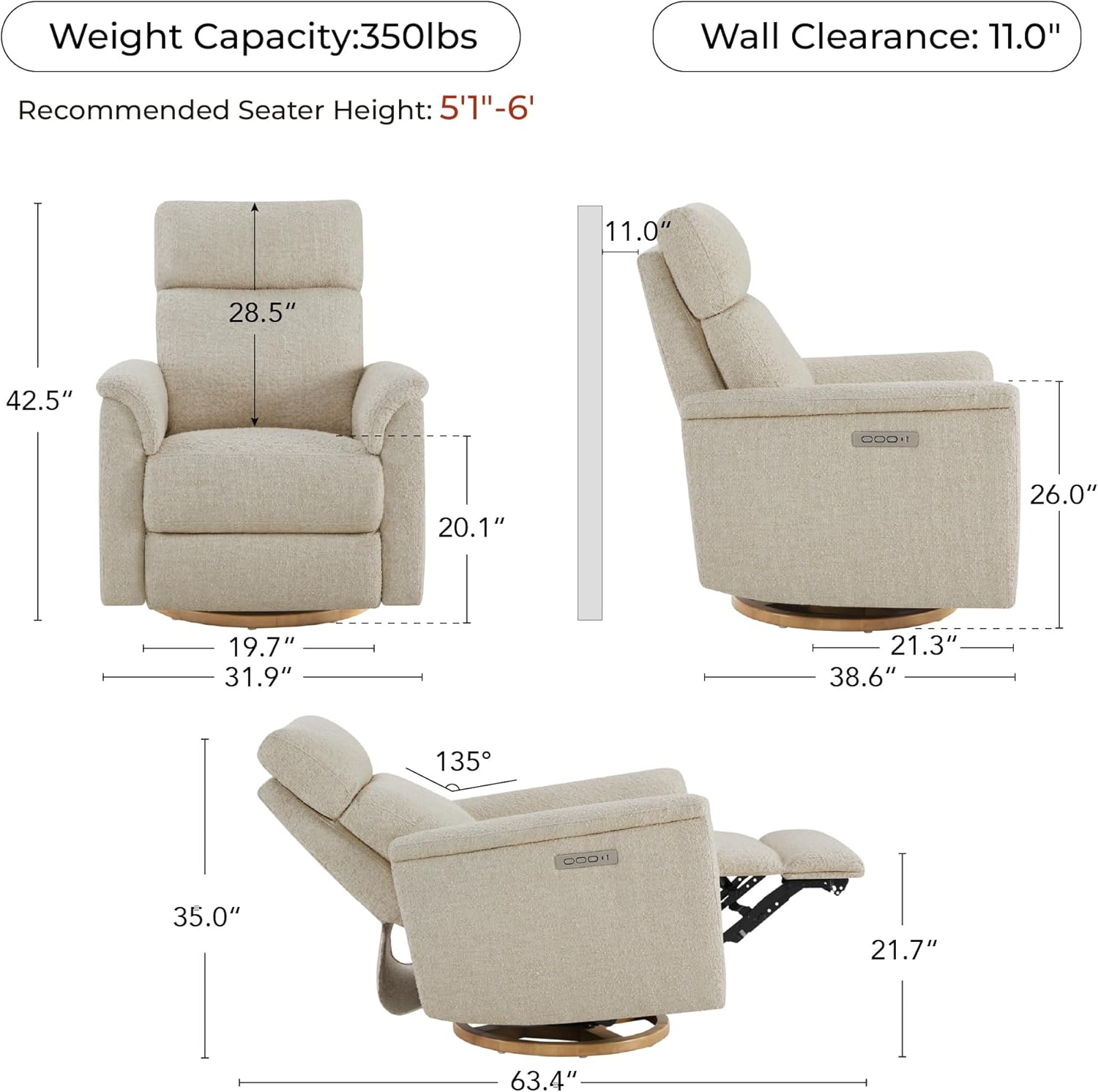 CHITA Power Swivel Glider for Adults with Nightlight, Nursery Recliner Chair with Power Headrest for Living Room, Bedroom, Water-Resistant Boucle Fabric in Sand