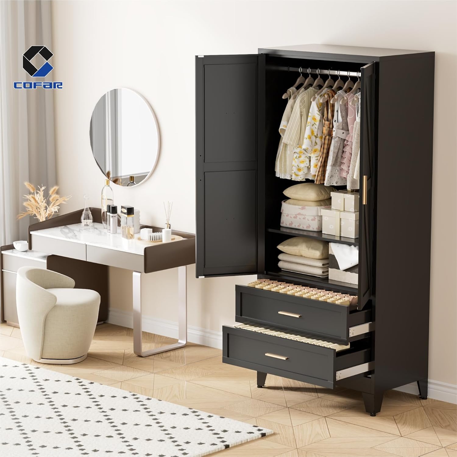 COFaR Armoire Wardrobe Closet with Drawers & Hanging Rod, 71'' Metal Wardrobe Closet with Doors & Adjustable Shelf, Farmhouse Wardrobe Cabinet for Bedroom Home Office Garage, Black
