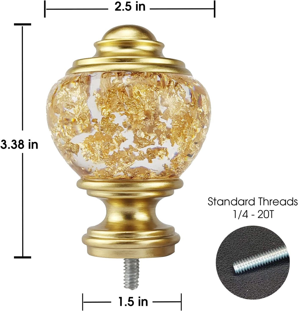 Decorative Curtain Rod Finials, Polyresin Round Gold Foiled Clear Finials, Set of 2, Compatible with 1 inch or 1-1/8 inch Dia Curtain Rod, Standalone Finial Pair