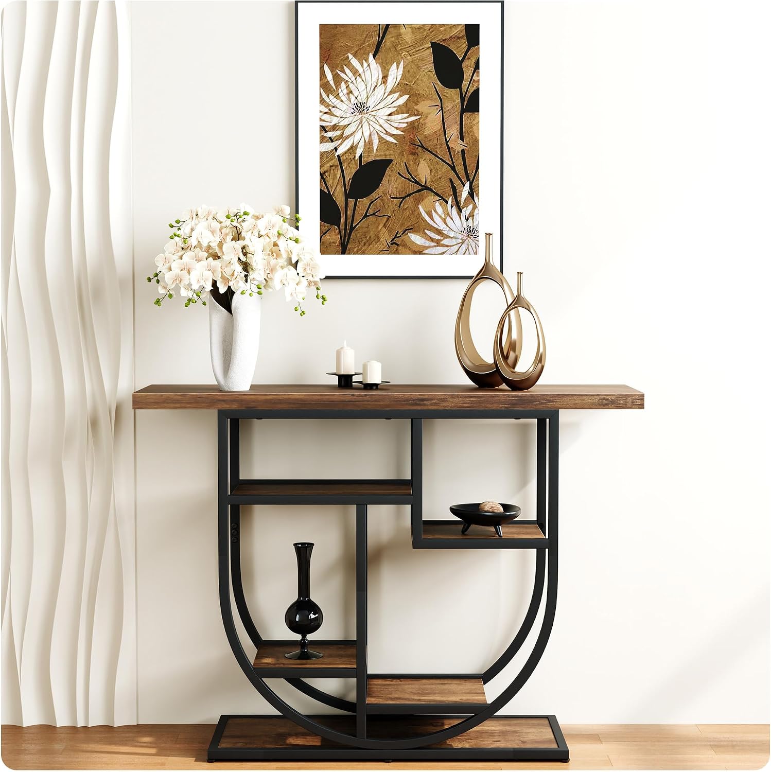 41.3-inch Entryway Console Table, Industrial-Style Sofa Table with Storage, Side Table with Shelves, Suitable for Entrances, Hallways, Foyers, and Entryways, Metal Frame, Vintage Brown