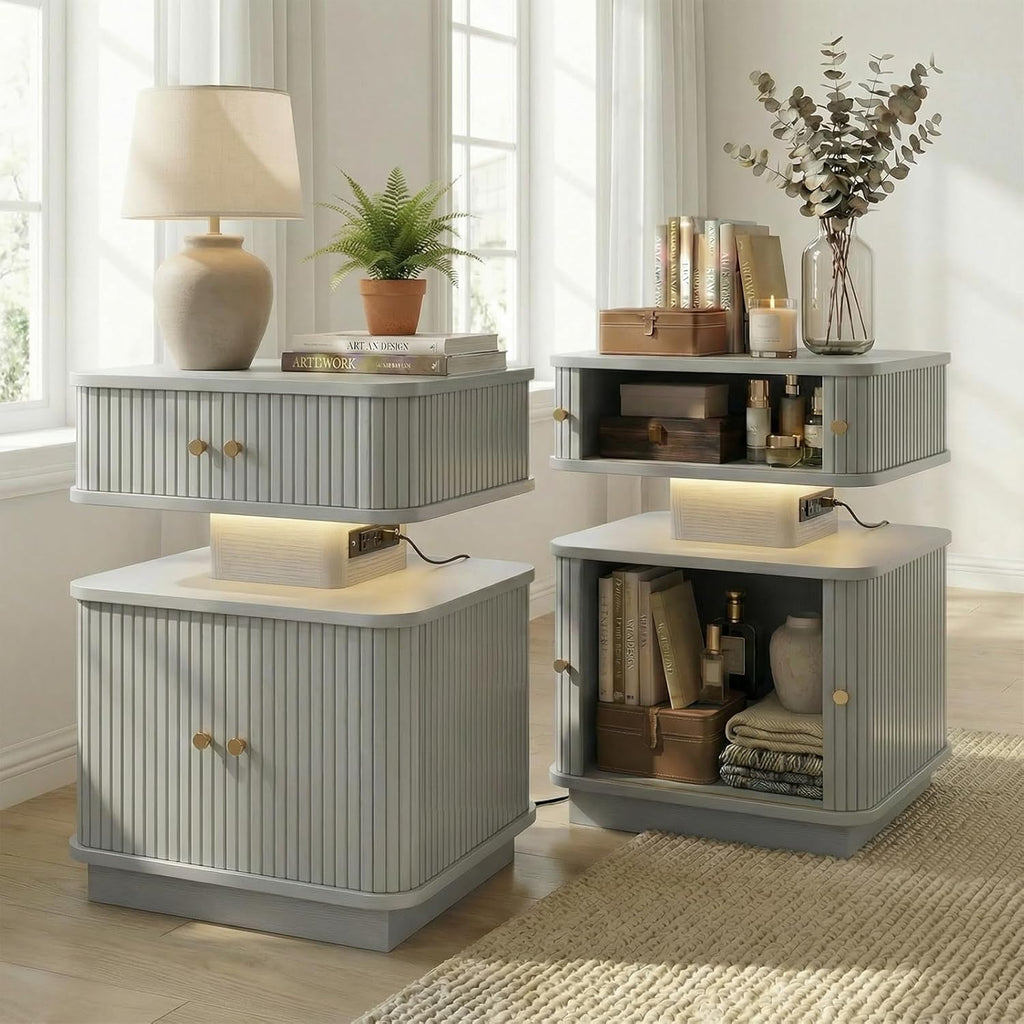 Nightstands Set of 2 with Charging Station, Modern Night Stands Set 2 with Smart Led Light and Small Sliding Door Cabinets, Curvy Edge, Bedside Table for Bedroom, Grey