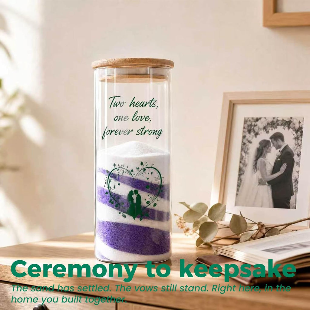 Sandraheer Unity Sand Ceremony Set for Wedding — 3 Clear Glass Vases, Purple & White Colored Sand, Bamboo Cork Lid, Keepsake Display Bottle