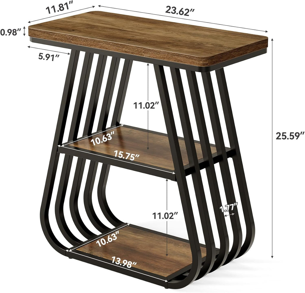LITTLE TREE End Table for Living Room, 3-Tier Side Table for Small Spaces, Industrial Narrow Side Table with Storage Shelf in Oak Brown and Black