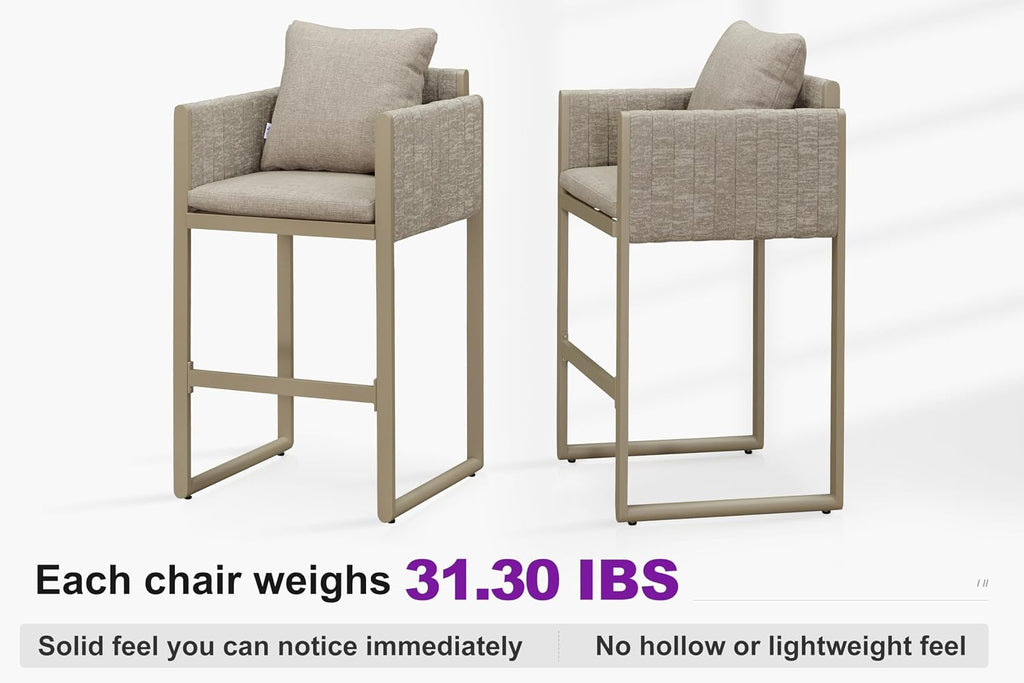 PURPLE LEAF Outdoor Bar Height Stools Set of 2 Aluminum Bar Chairs Modern Olefin Weaving Barstools with Backrest Pillow for Outdoor or Indoor Garden Balcony Lawn Champagne