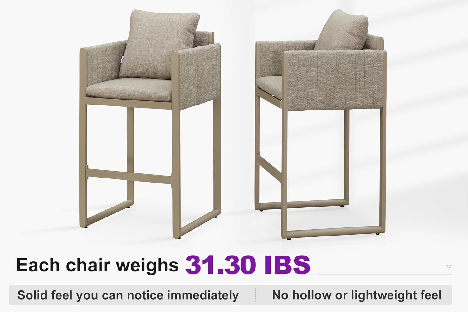 PURPLE LEAF Outdoor Bar Height Stools Set of 2 Aluminum Bar Chairs Modern Olefin Weaving Barstools with Backrest Pillow for Outdoor or Indoor Garden Balcony Lawn Champagne