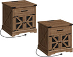 Farmhouse End Table Set of 2, 24" Large Sofa Side Table with Drawer, Large End Table for Living Room, Wooden Nightstand with Charging Station, Square, Walnut