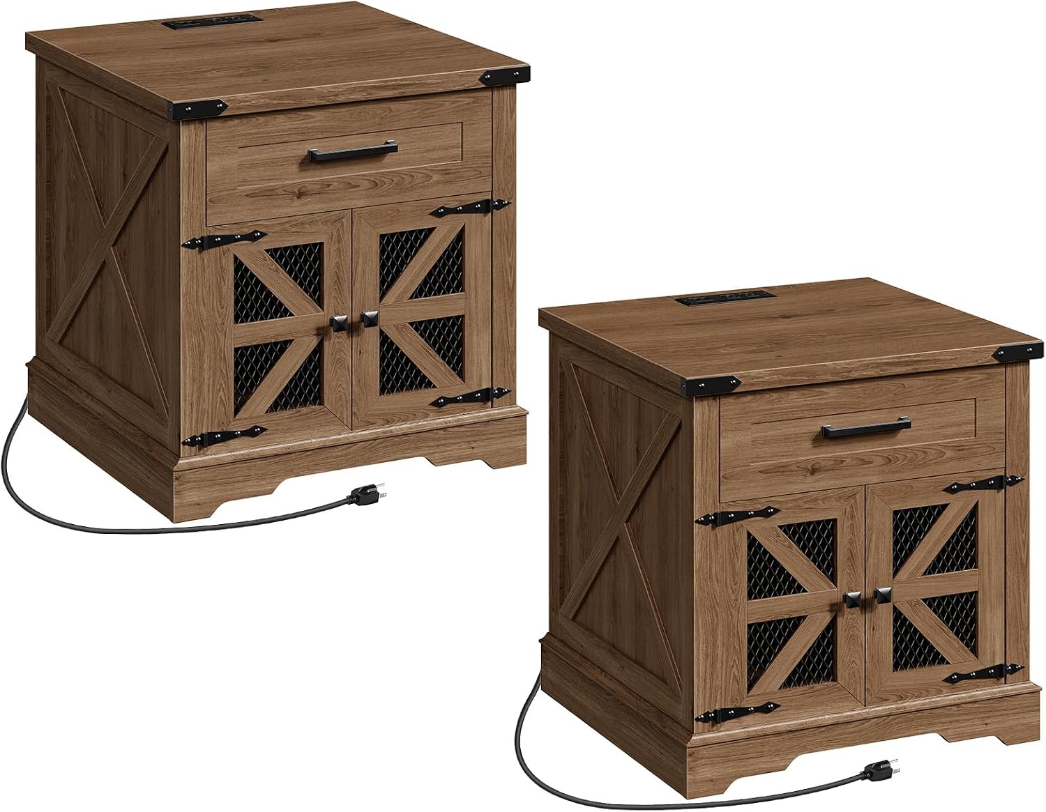 Farmhouse End Table Set of 2, 24" Large Sofa Side Table with Drawer, Large End Table for Living Room, Wooden Nightstand with Charging Station, Square, Walnut