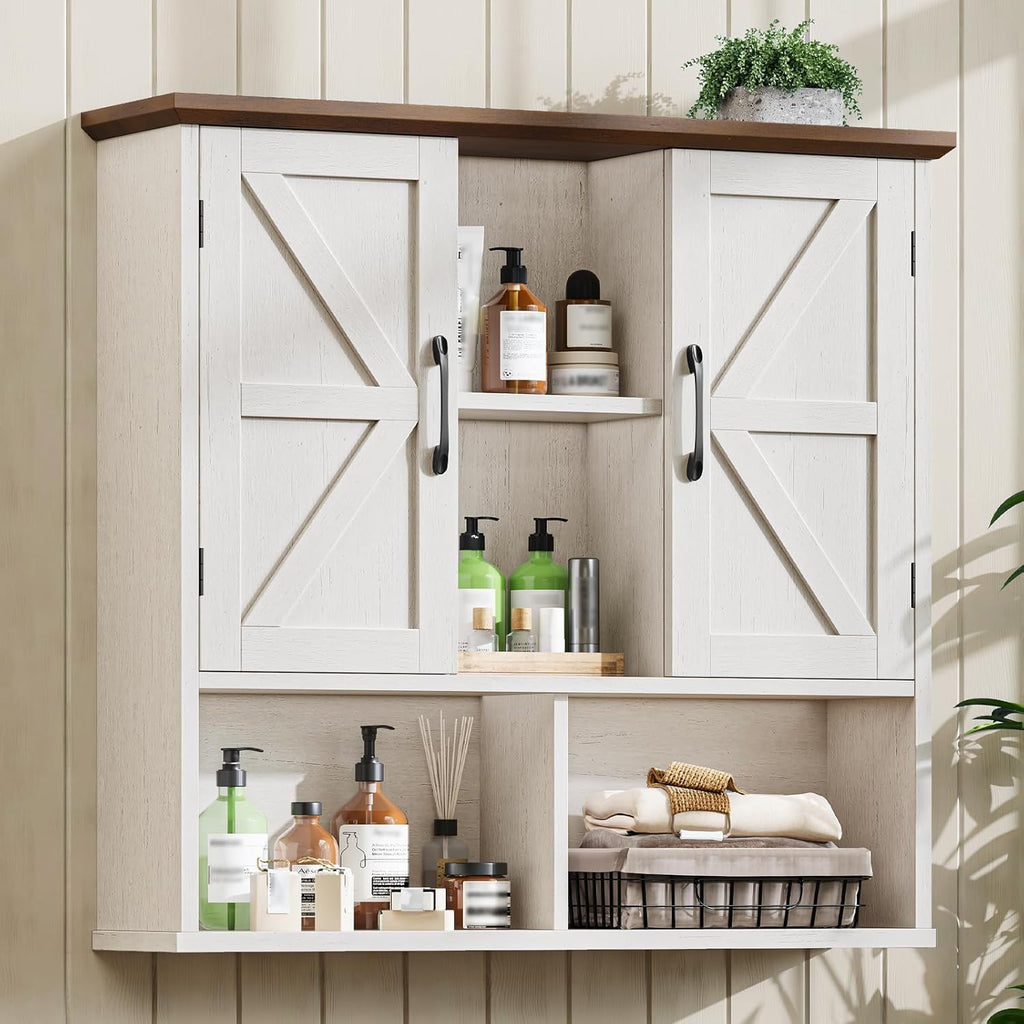 Vabches Bathroom Wall Cabinet, Farmhouse Medicine Cabinet with Double Barn Door and Adjustable Shelves, Wooden Vintage Storage Cabinet Wall Mounted for Bathroom, Kitchen Dining, Rustic White