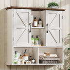 Vabches Bathroom Wall Cabinet, Farmhouse Medicine Cabinet with Double Barn Door and Adjustable Shelves, Wooden Vintage Storage Cabinet Wall Mounted for Bathroom, Kitchen Dining, Rustic White