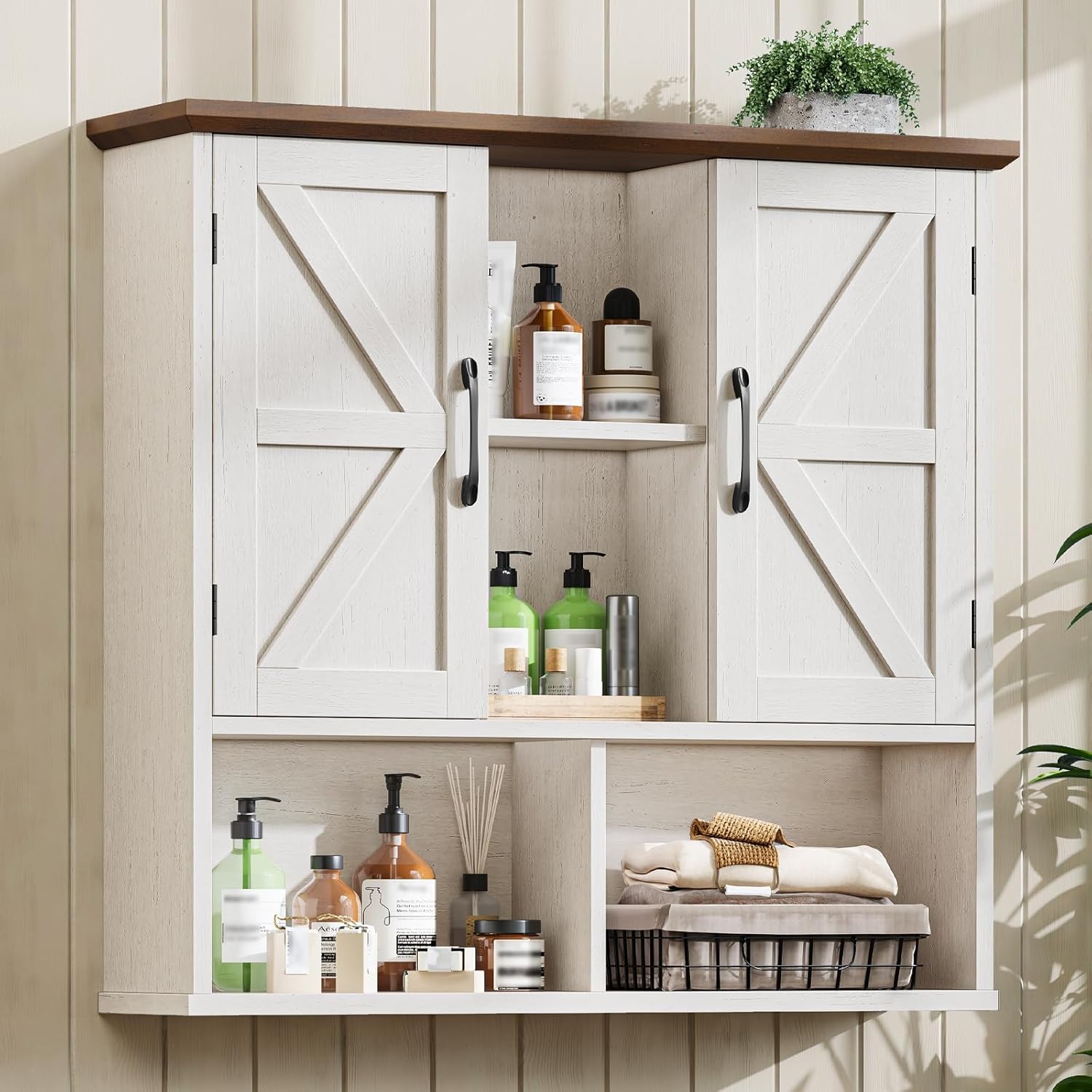 Vabches Bathroom Wall Cabinet, Farmhouse Medicine Cabinet with Double Barn Door and Adjustable Shelves, Wooden Vintage Storage Cabinet Wall Mounted for Bathroom, Kitchen Dining, Rustic White