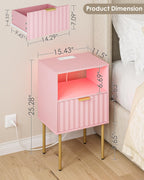 Nightstand with Charging Station and LED Lights, Modern Pink Bedside Table with Fluted Panel Drawer and Gold Legs, End Table with USB Ports & Outlets for Bedroom, Living Room
