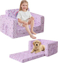 lasoftan Toddler Couch, 2-in-1 Soft Kids Couch Bed Fold Out, Toddler Chairs Comfy for Boys & Girls, Convertible Kids Sofa to Lounge for Playroom, Gift for Birthday, Children's Day - Purple Rainbow
