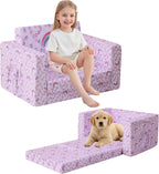 lasoftan Toddler Couch, 2-in-1 Soft Kids Couch Bed Fold Out, Toddler Chairs Comfy for Boys & Girls, Convertible Kids Sofa to Lounge for Playroom, Gift for Birthday, Children's Day - Purple Rainbow
