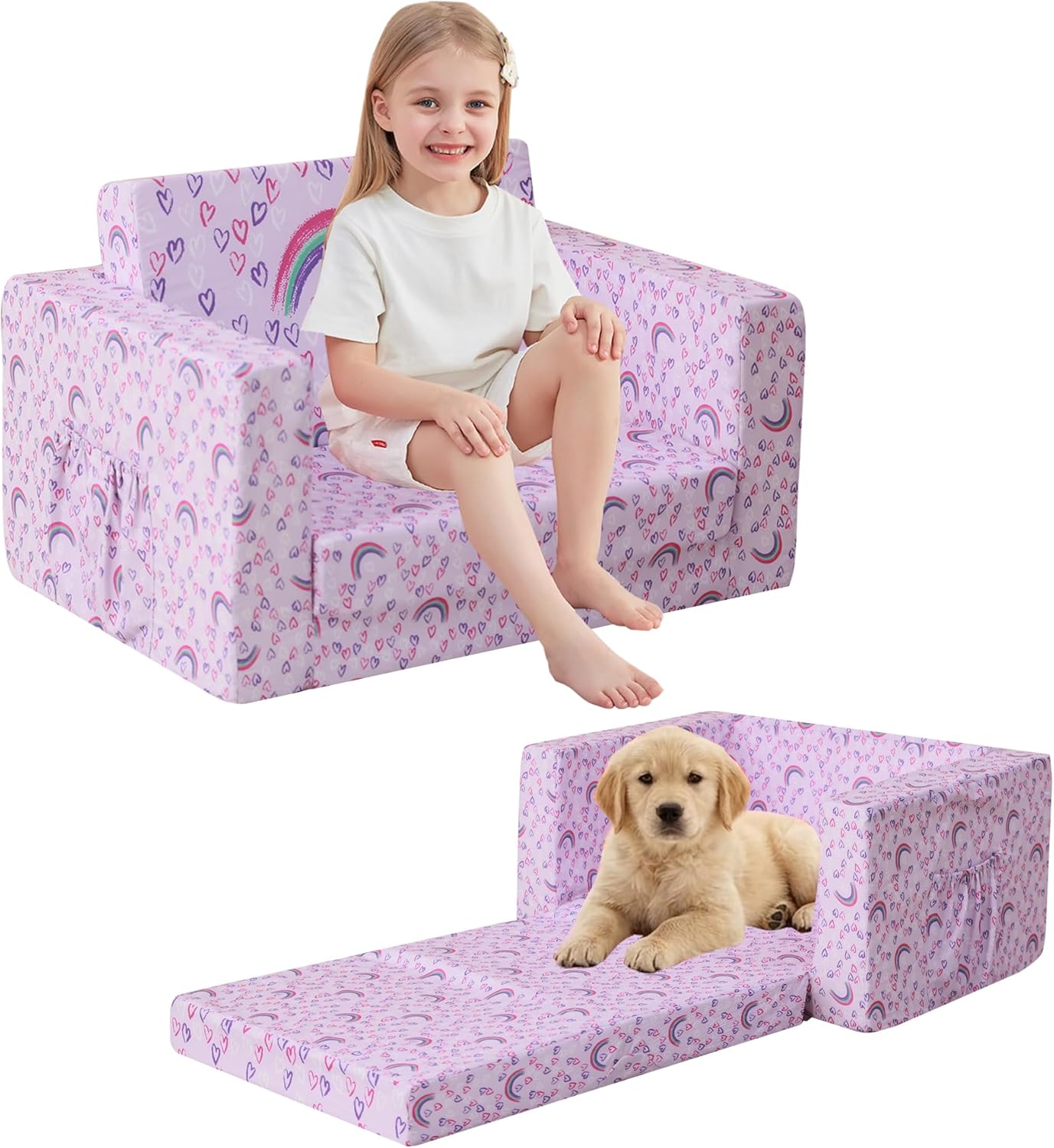 lasoftan Toddler Couch, 2-in-1 Soft Kids Couch Bed Fold Out, Toddler Chairs Comfy for Boys & Girls, Convertible Kids Sofa to Lounge for Playroom, Gift for Birthday, Children's Day - Purple Rainbow