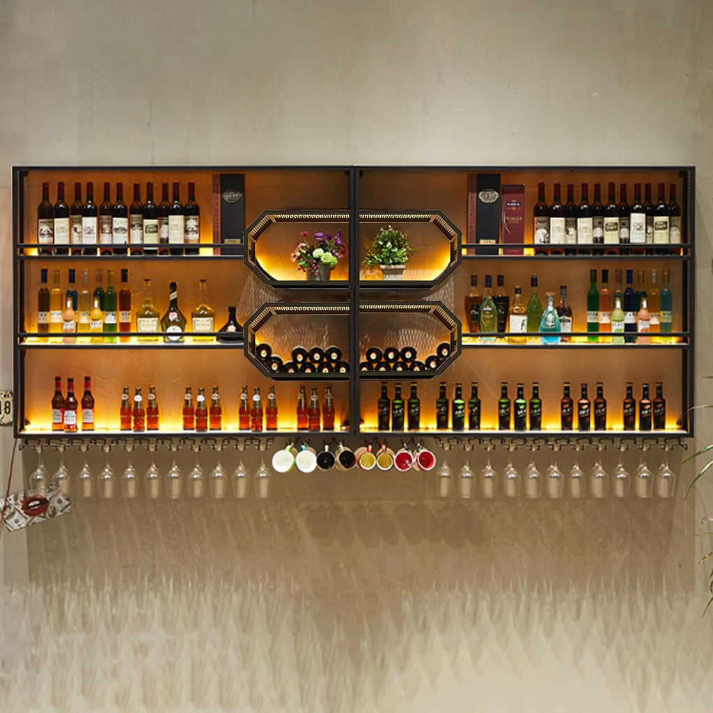 78.7in Large Wall Mounted Wine Rack with LED Light,4-Tiers Liquor Bottles Floating Shelves Display Storage Organizer for Home Bar & Dining Room Decorative (78.7" W x 9.8" D x49.2 H)