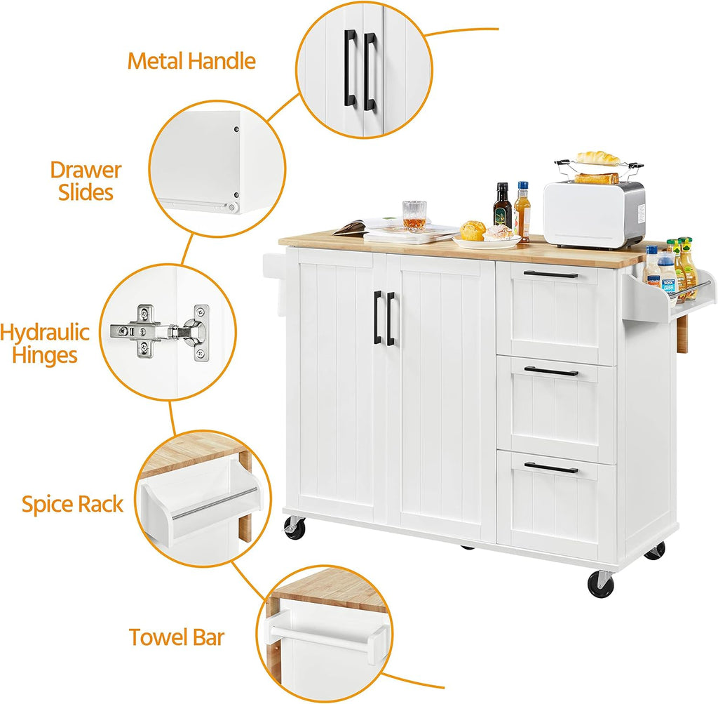 Yaheetech Kitchen Island with Drop-Leaf Breakfast Bar, 53" Width Kitchen Cart on 5 Universal Wheels with Rubberwood Top, Storage Cabinet, 3 Drawers, and Spice Rack for Dining Room, White