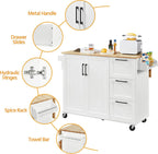 Yaheetech Kitchen Island with Drop-Leaf Breakfast Bar, 53" Width Kitchen Cart on 5 Universal Wheels with Rubberwood Top, Storage Cabinet, 3 Drawers, and Spice Rack for Dining Room, White