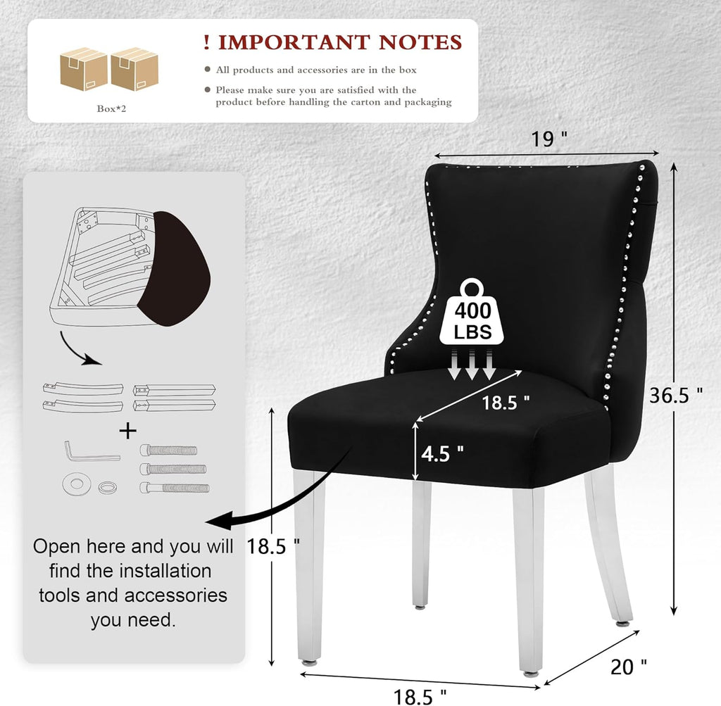 adochr Dining Chairs Set of 4, Velvet Upholstered Kitchen Chairs with Stainless Steel Legs, Button Tufted Back & Adjustable Feet, Black