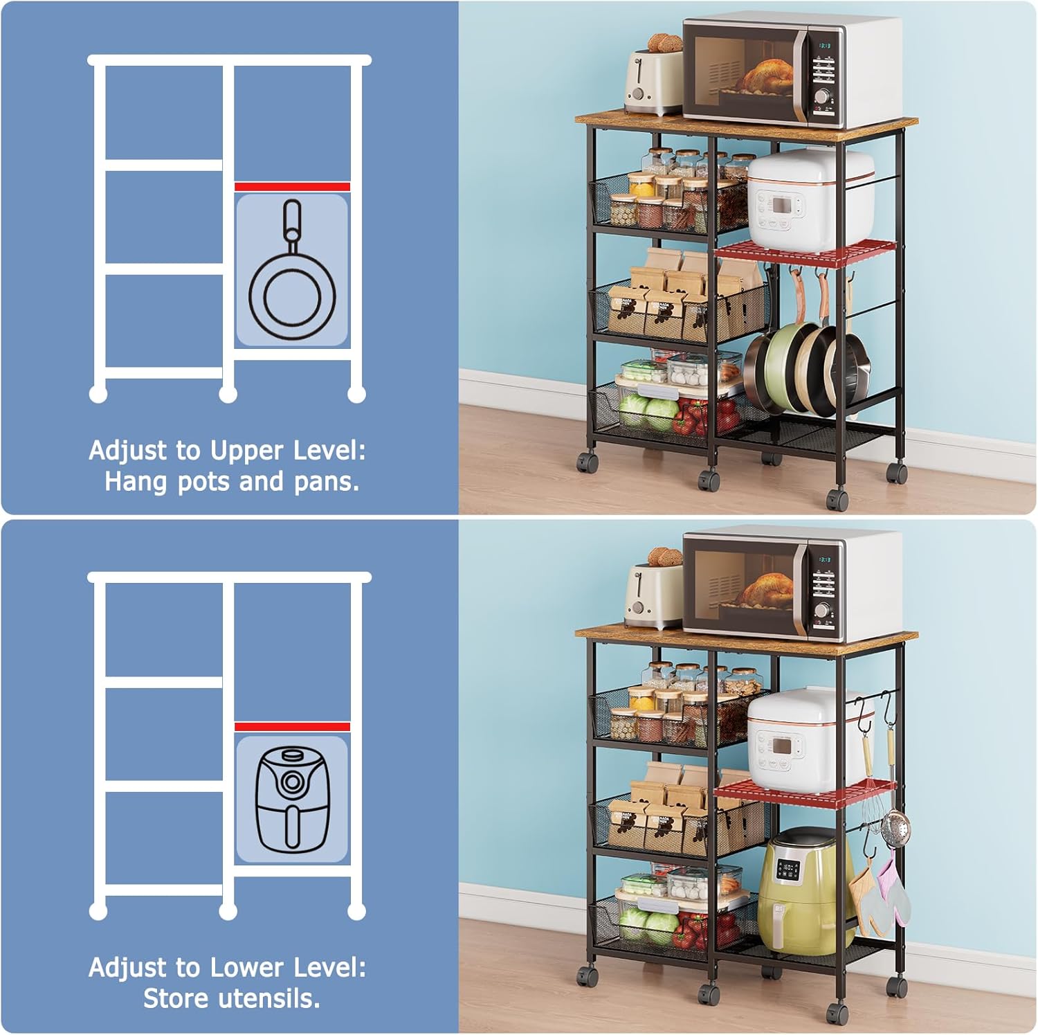 Rolling Kitchen Storage Microwave Cart, Kitchen Island with Adjustable Shelf on Lockable Wheels, Countertop 27.75"L × 15.35"W, Bakers Rack with Tilt-Out Baskets, for Kitchen, Coffee Bar, Living room