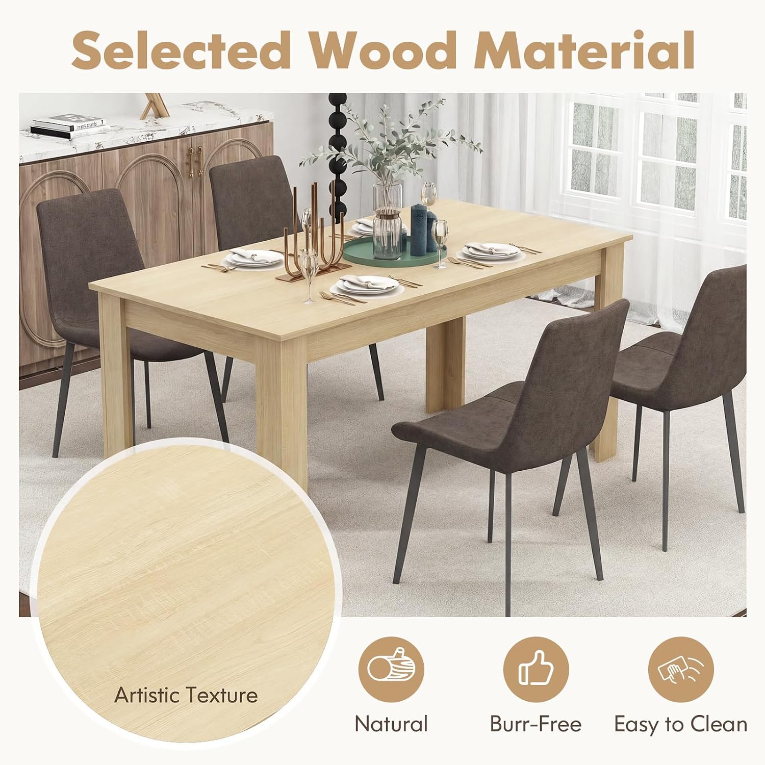 GOFLAME Dining Table for 4-6 People, 63” Modern Kitchen Table with L-Shaped Legs, 330 lbs Weight Capacity, Large Wooden Rectangular Dinner Table for Dining Room, Living Room (Natural)