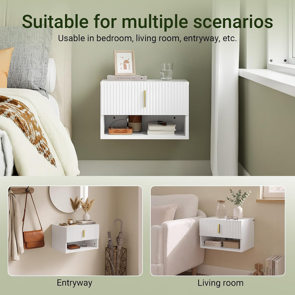 SoBuy Floating Nightstand with LED Sensor Light | Slim Wall Mounted Bedside Table with Drawer, Narrow White Nightstand for Bedrooms and Dorms, FBT176-E-