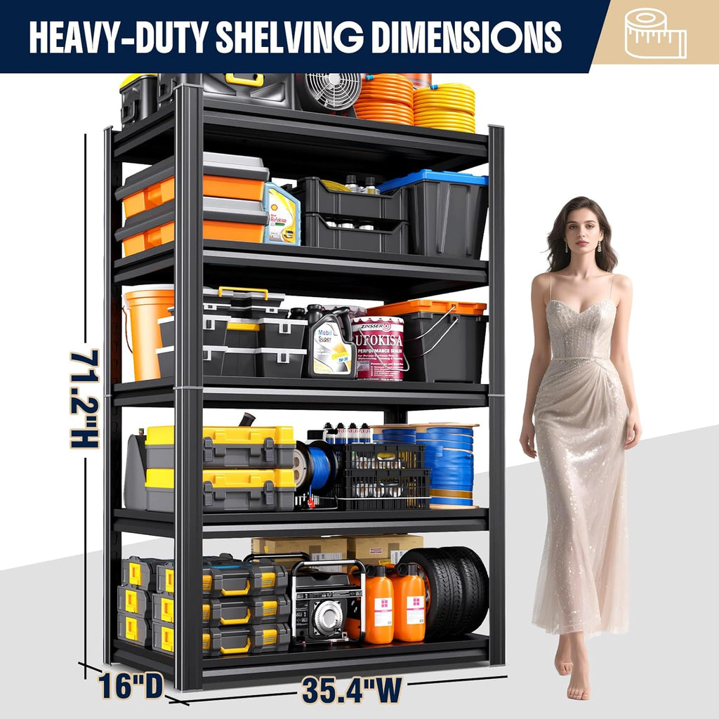 Heavy Duty Metal Garage Shelving Unit, 71.2" H x 35.4" W x 16" D, 5-Tier Adjustable Storage Shelves for Garage Storage, Standing Shelf Unit & Shelves Organizer for Home, Warehouse, Workshop