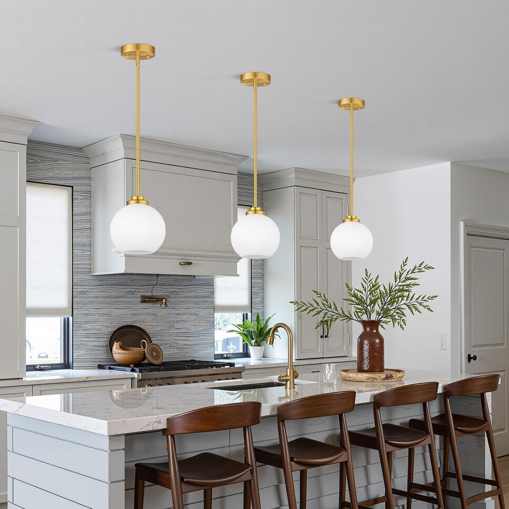 2 Pack Gold Globe Pendant Lights, Mid Century Gold Pendant Light Fixtures, Globe Pendant Lights Kitchen Island with Milk Glass Shade Adjustable Hanging Fixture for Dining Room (Bulbs not Included)