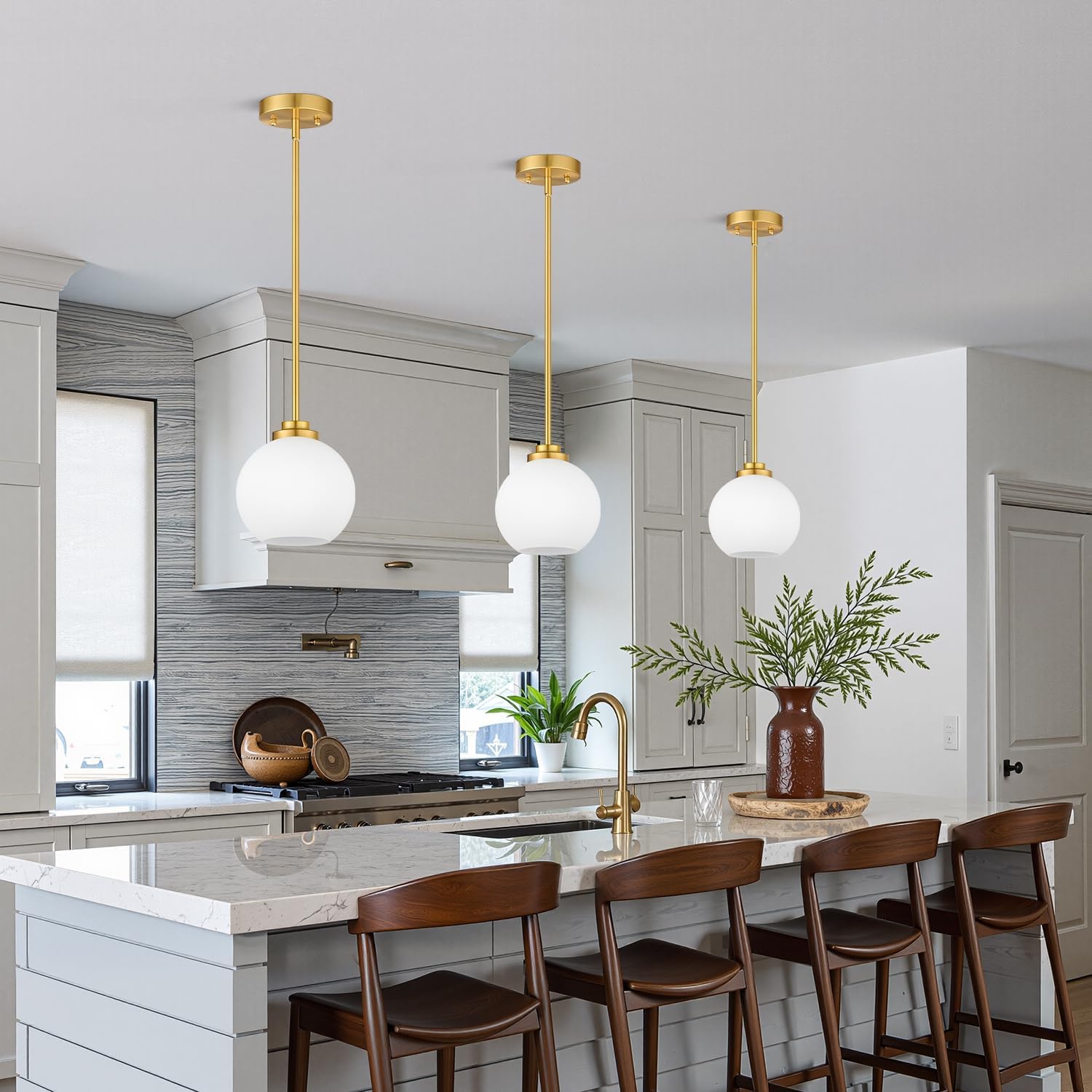 2 Pack Gold Globe Pendant Lights, Mid Century Gold Pendant Light Fixtures, Globe Pendant Lights Kitchen Island with Milk Glass Shade Adjustable Hanging Fixture for Dining Room (Bulbs not Included)