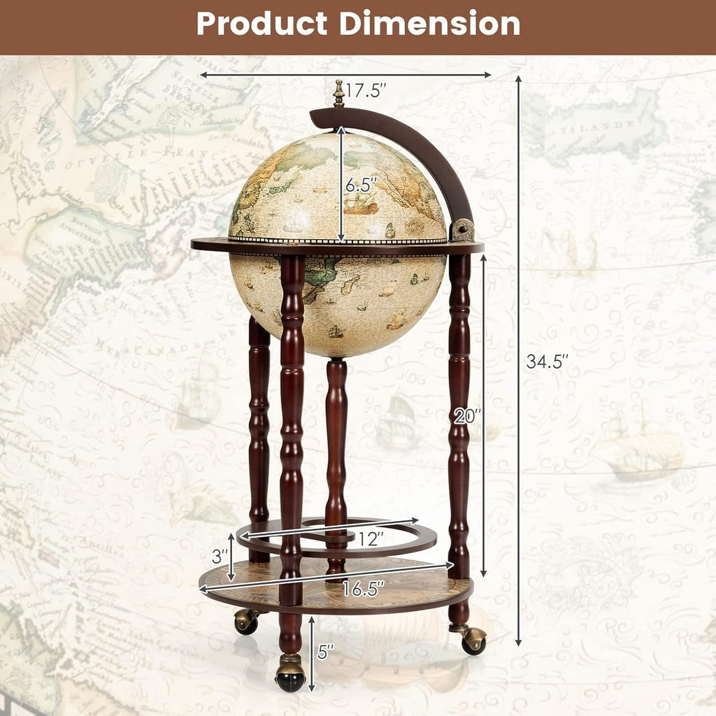 CHEFJOY Globe Bar, Wood Globe Wine Bar Stand, 16th Century Italian Rack Liquor Bottle Shelf, Replica Globe Bar Liquor Cabinet w/Wheels, Globe Bar Cart for Wine Spirits Beverage Stemware(Creamy White)