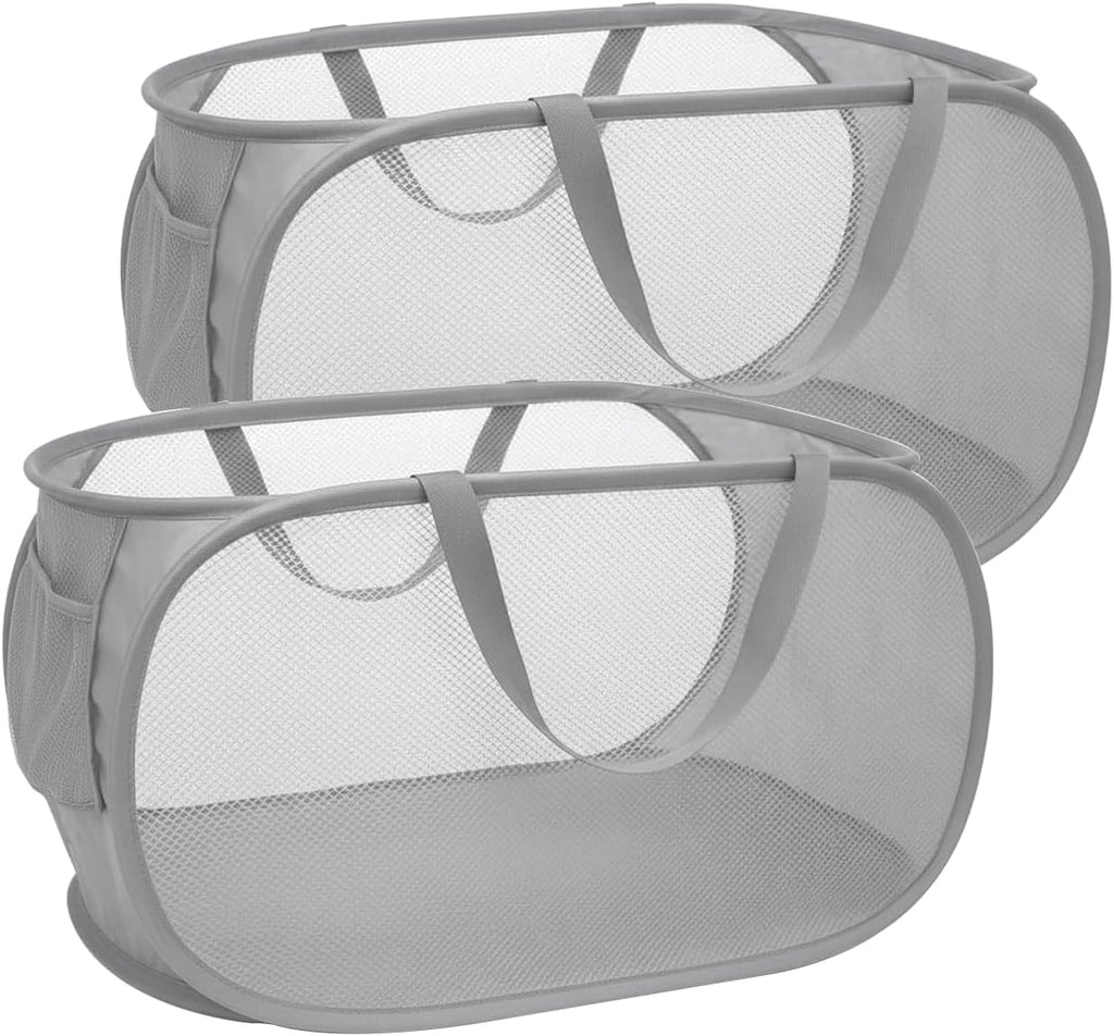 Pop Up Laundry Hamper,Collapsible Horizontal Baskets with Handles & Side Pocket,Foldable Sturdy mesh for Laundry Room,Bathroom,Kids Room,College Dorm or Travel (Double Grey)