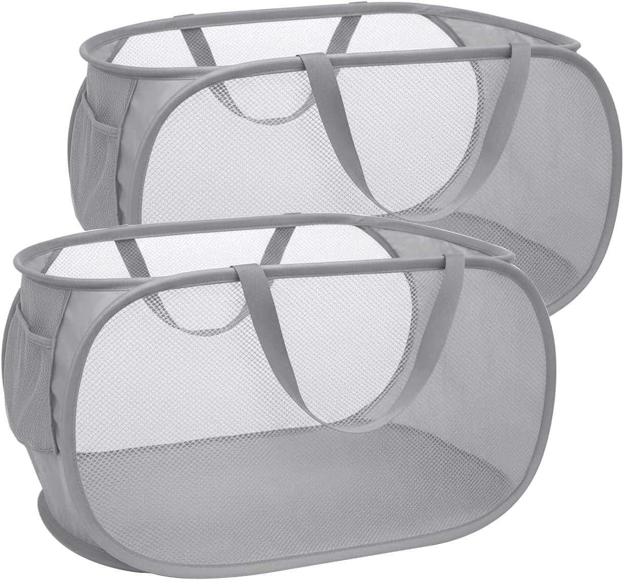 Pop Up Laundry Hamper,Collapsible Horizontal Baskets with Handles & Side Pocket,Foldable Sturdy mesh for Laundry Room,Bathroom,Kids Room,College Dorm or Travel (Double Grey)