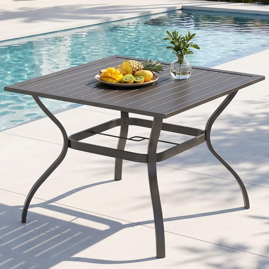 PHI VILLA 37 Inch Outdoor Dining Table Metal Steel Slat Square Patio Dining Table with 1.57" Umbrella Hole for Garden, Backyard and Porch (Classic Black)