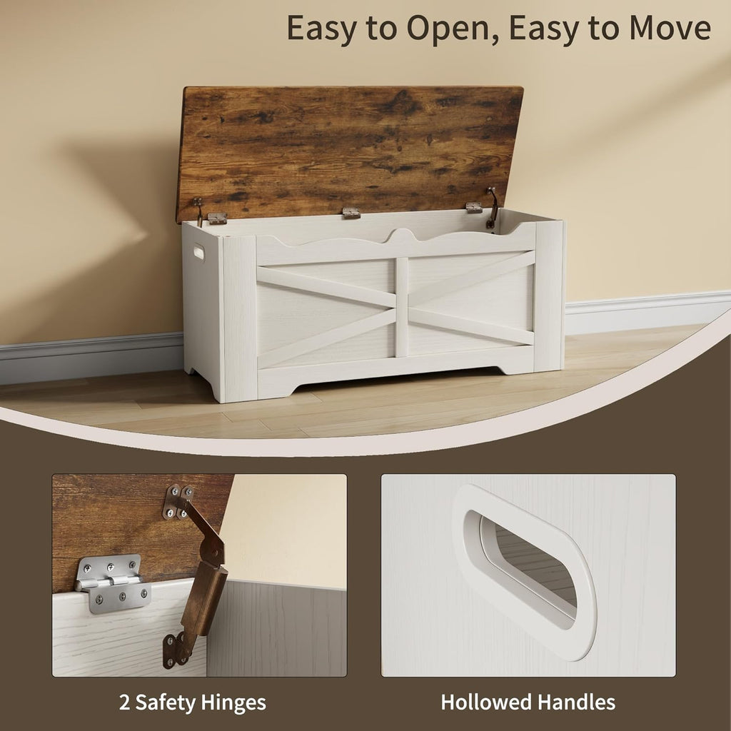 47.2" Wooden Storage Bench, Flip Top Trunk with 2 Safety Hinges, 300lbs Capacity, Multifunctional Entryway Bench for Hallway Bedroom Living Room, Blanket Organizer, White Walnut
